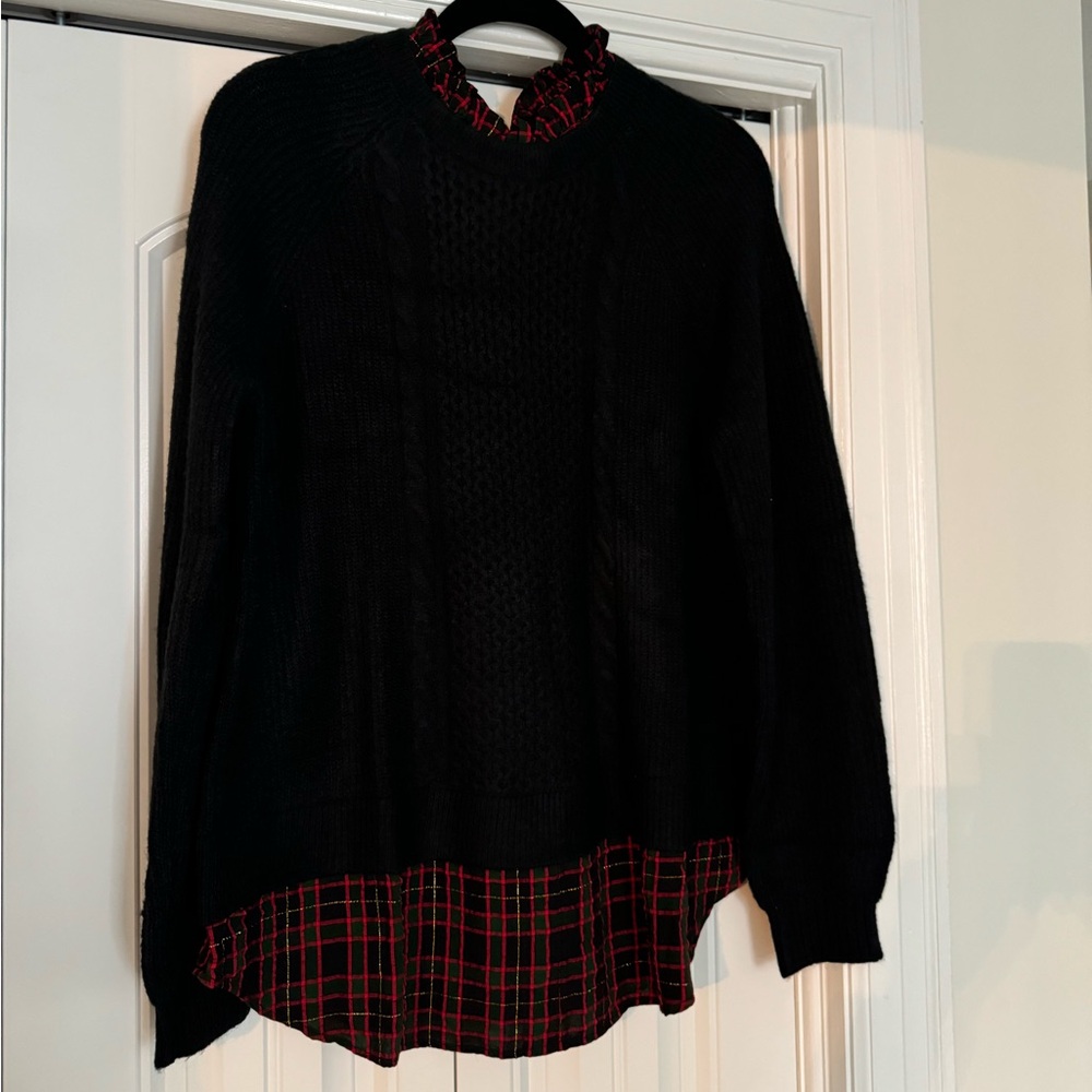 LOFT Black Sweater with Red Plaid Detail